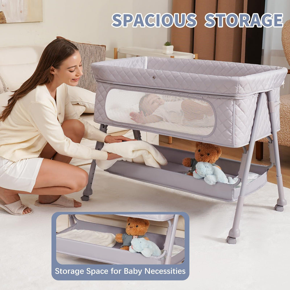 Kiniew bassinet bedside sleeper breathable-mesh grey promotes airflow and easy parental visibility.
