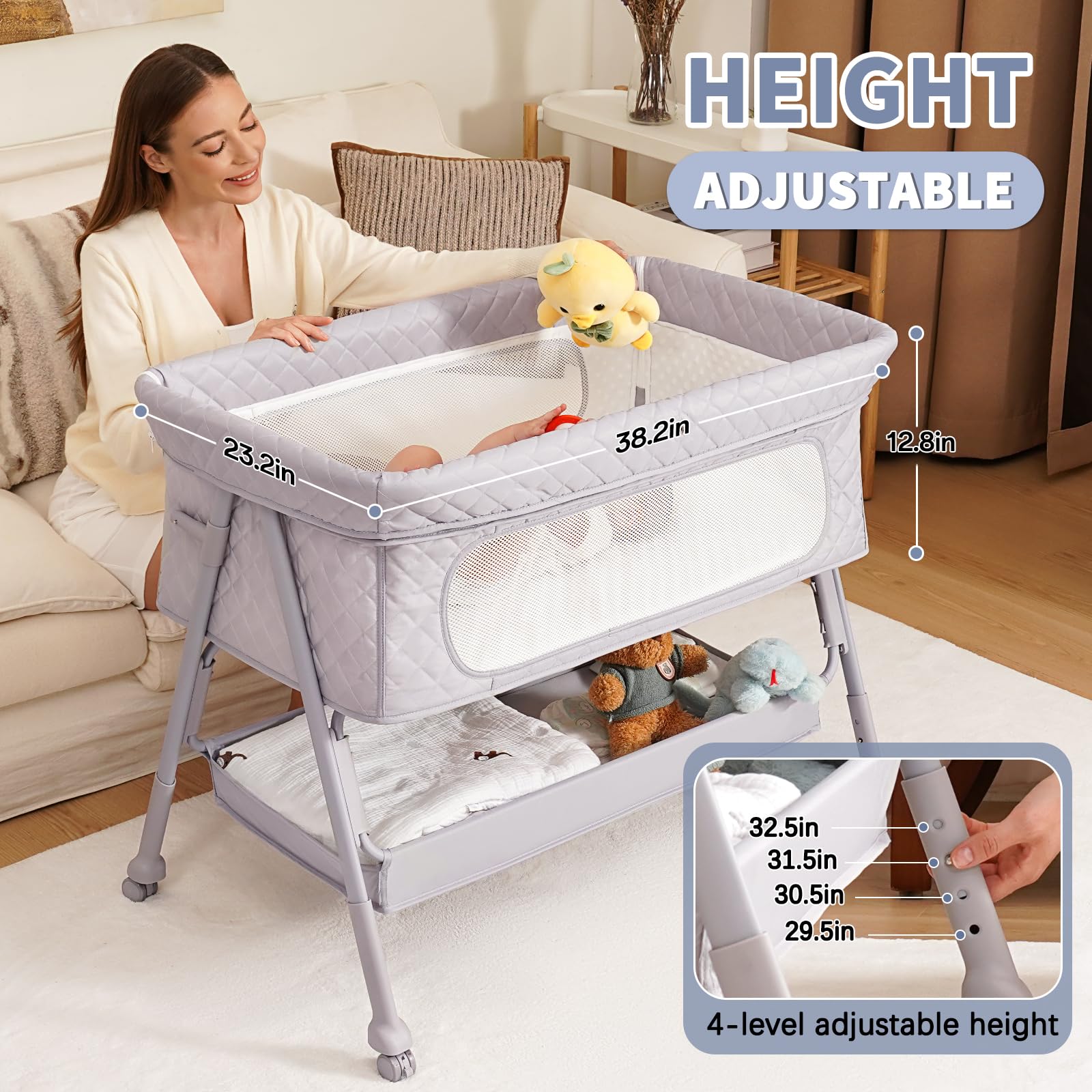 Kiniew bassinet bedside sleeper folded grey for compact travel and storage.