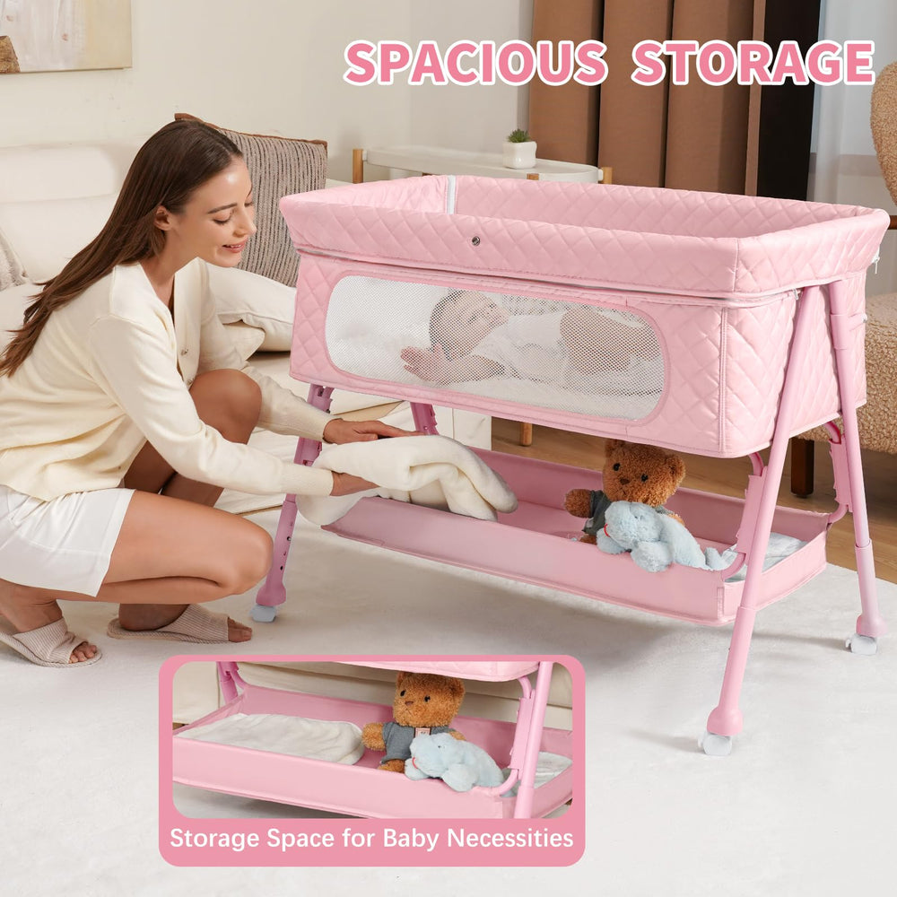 Kiniew bedside bassinet adjustable height matches bed heights easily.