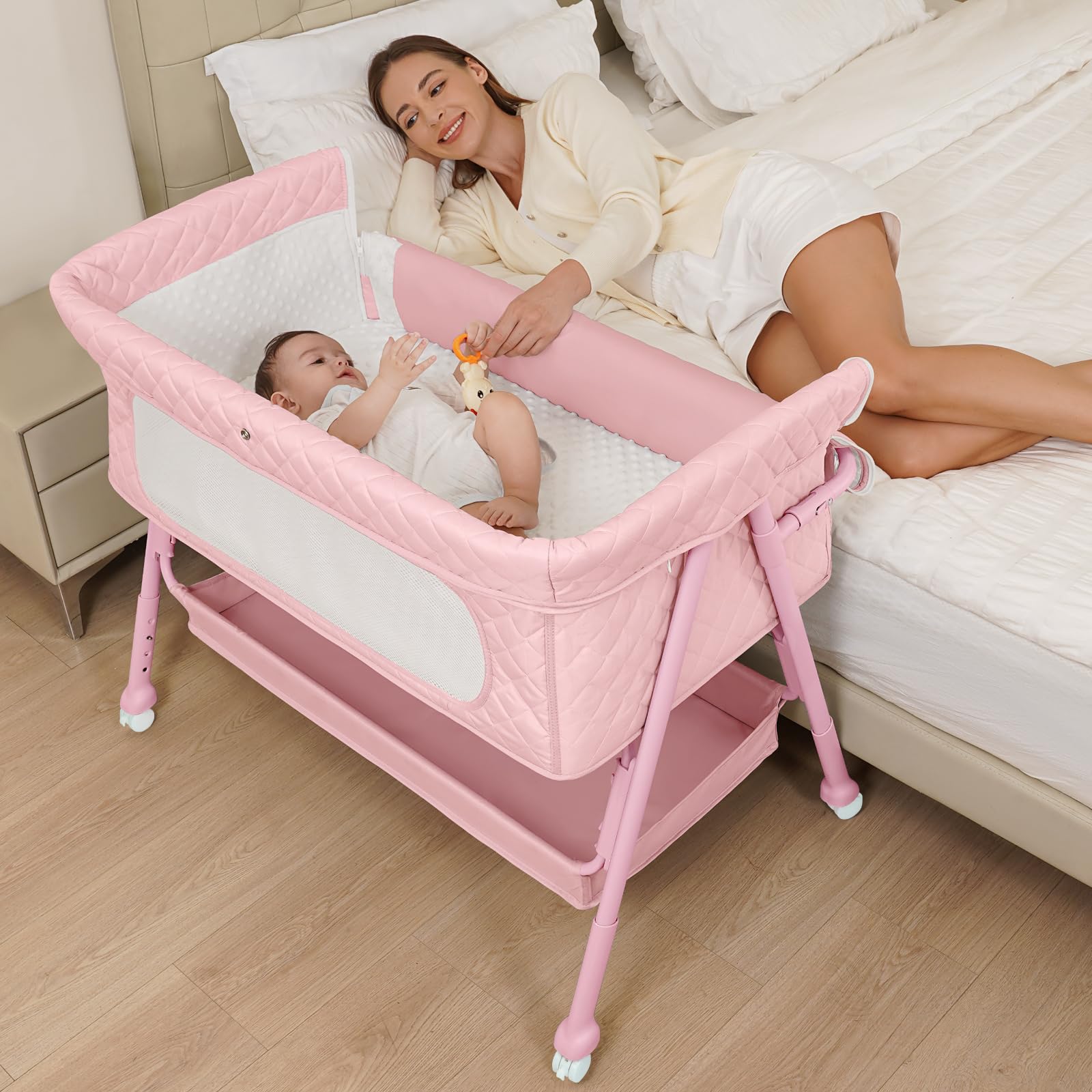 Kiniew bedside bassinet assembly demonstrates quick setup for newborn care.