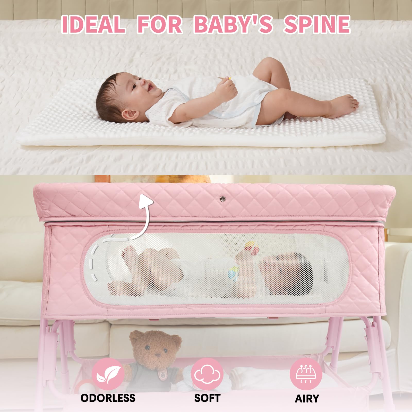 Kiniew bedside bassinet breathable mesh ensures airflow and clear baby visibility.