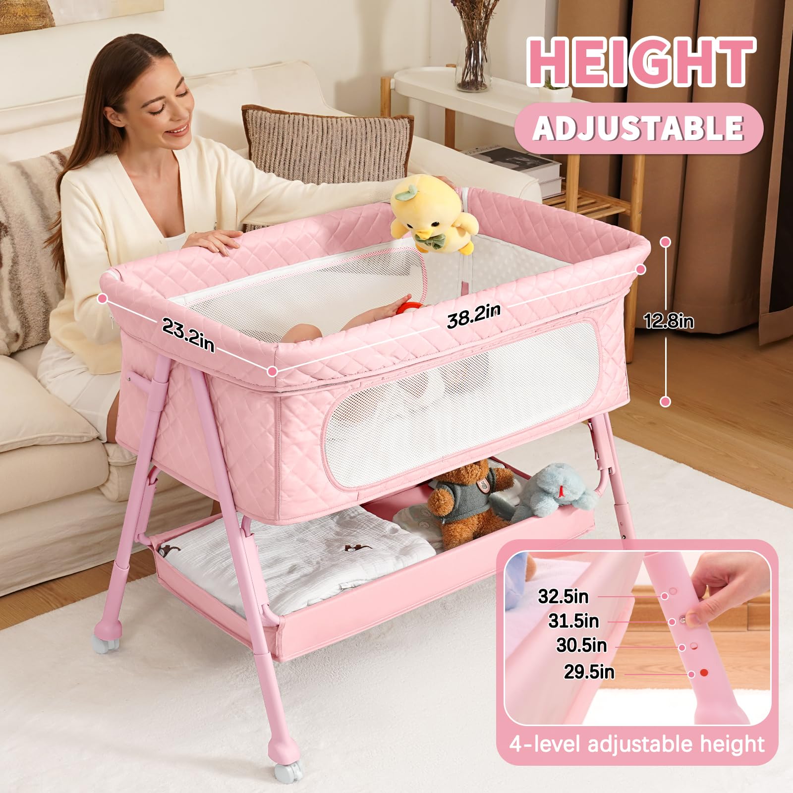 Kiniew bedside bassinet in use beside bed for convenient nighttime care.