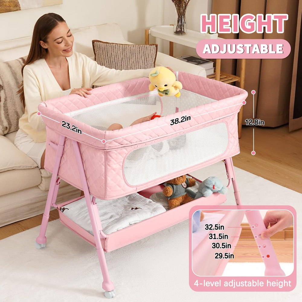 Kiniew bedside bassinet in use beside bed for convenient nighttime care.