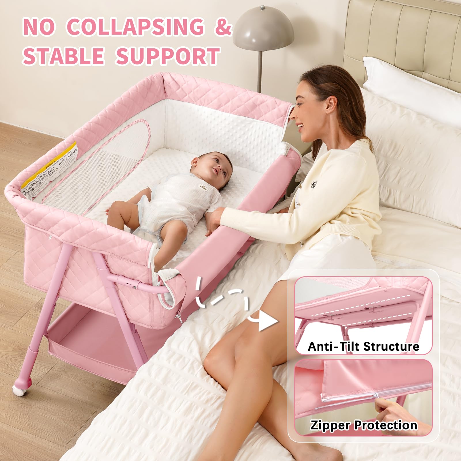 Kiniew bedside bassinet with storage basket keeps essentials within reach.