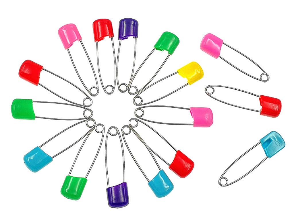 Kinteshun baby safety pins close-up shows stainless steel pins with ABS heads for durability.