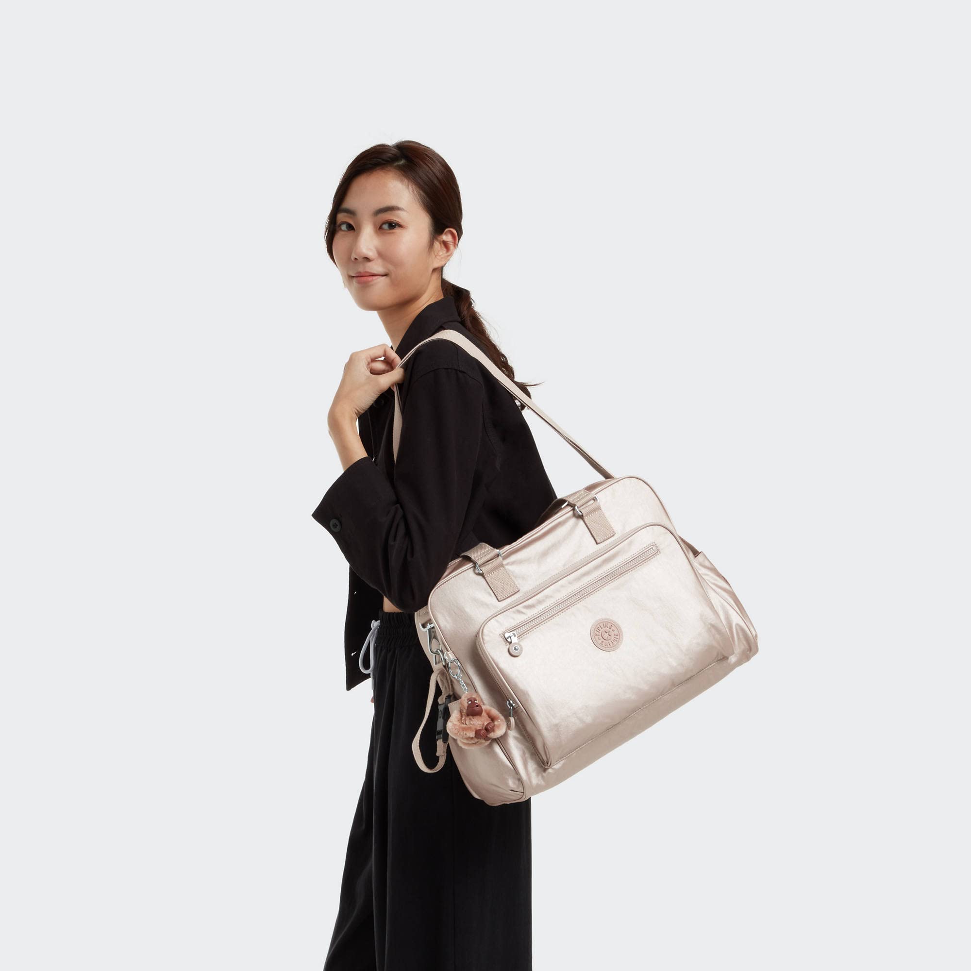 Kipling Alanna diaper bag Quartz Metallic dual handles for flexible carry