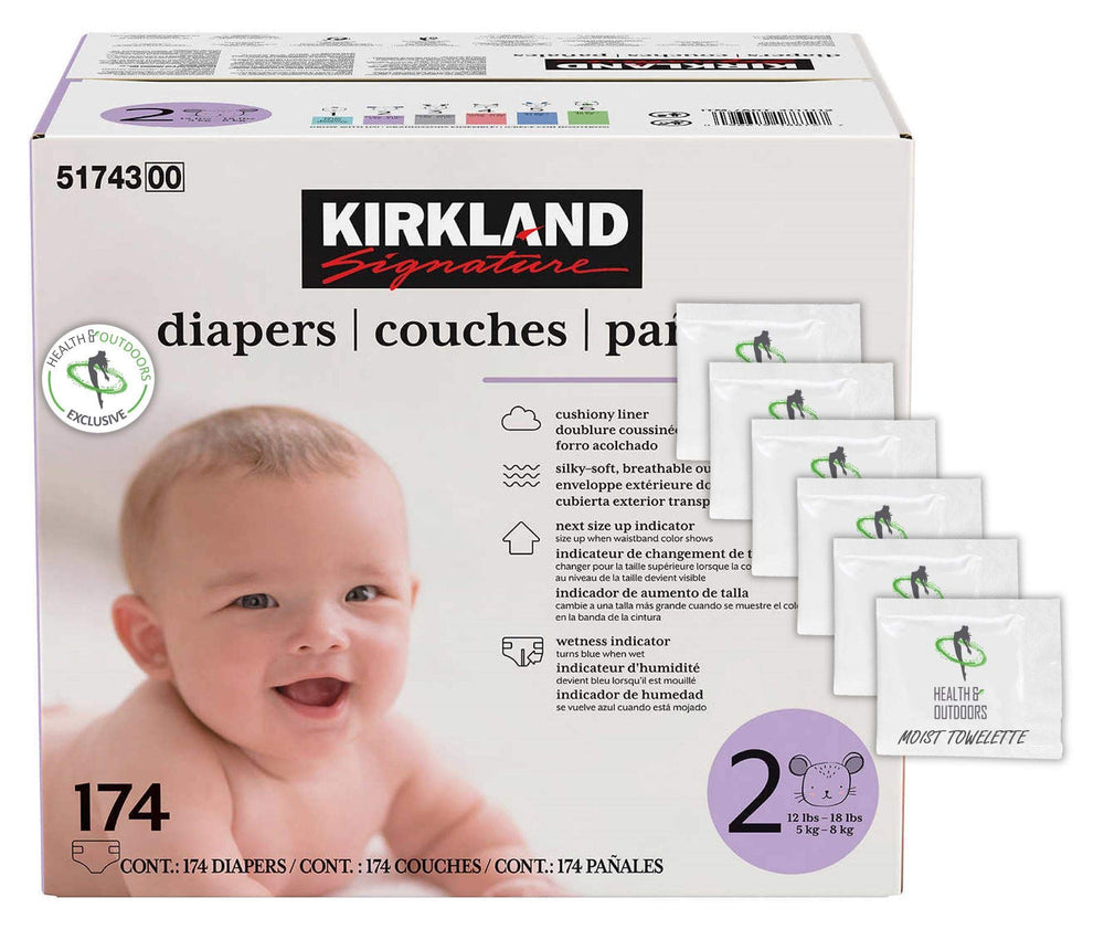 Kirkland Signature Diapers Size 2 with a soft outer cover for comfortable, secure wear.