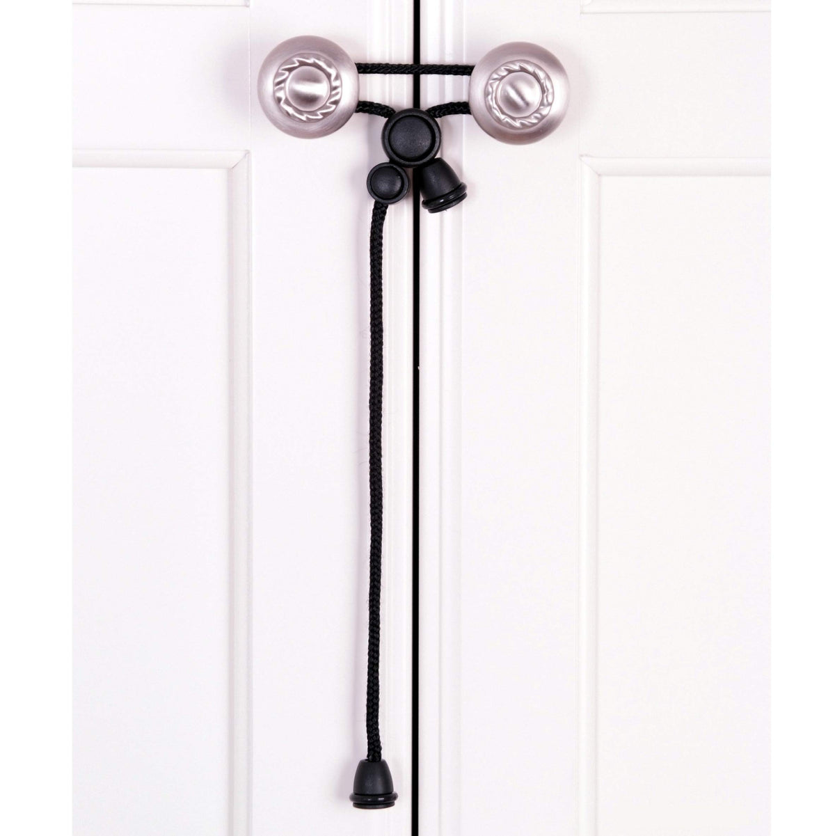 Kiscords baby safety cabinet lock closeup on knob shows no-drill setup for home safety
