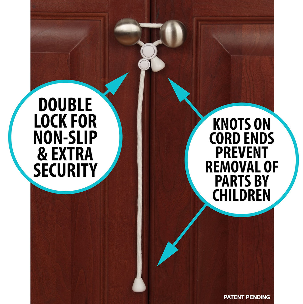 KisCords travel-friendly cabinet lock ideal for hotels, RVs, and grandparents' homes.