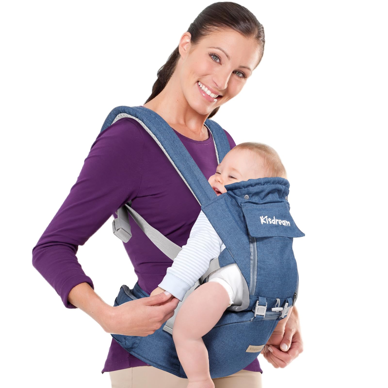 Kisdream baby carrier shows ergonomic M-seat for hip-friendly support.