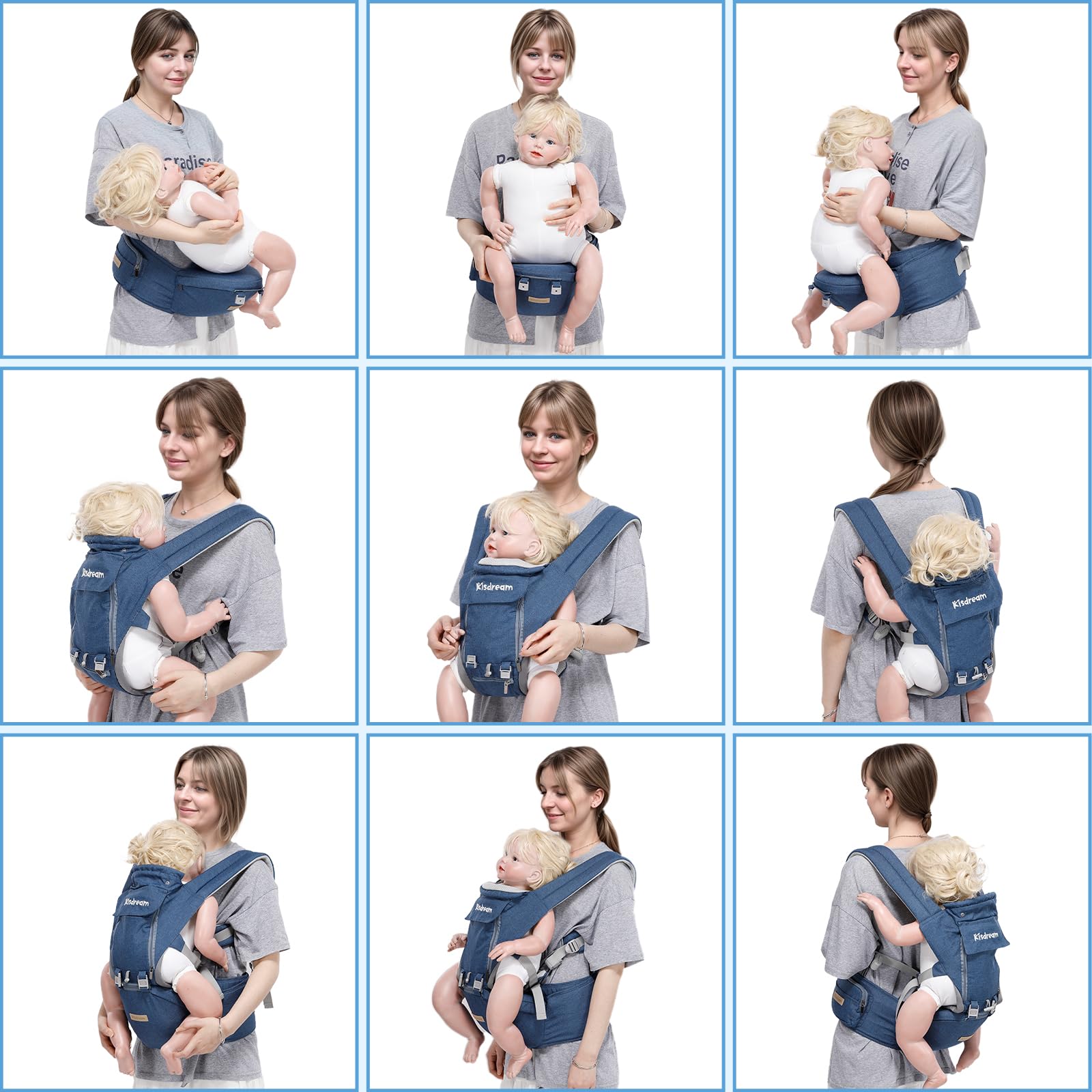 Kisdream hip-seat design in action supporting comfortable baby transport.