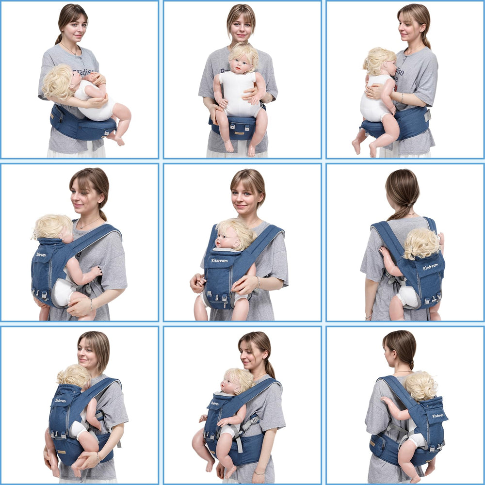 Kisdream hip-seat design in action supporting comfortable baby transport.