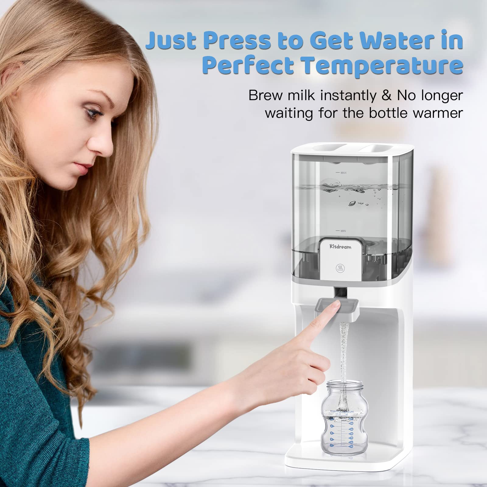Kisdream Water Warmer thermostat modes showing three temperature options for precise prep.