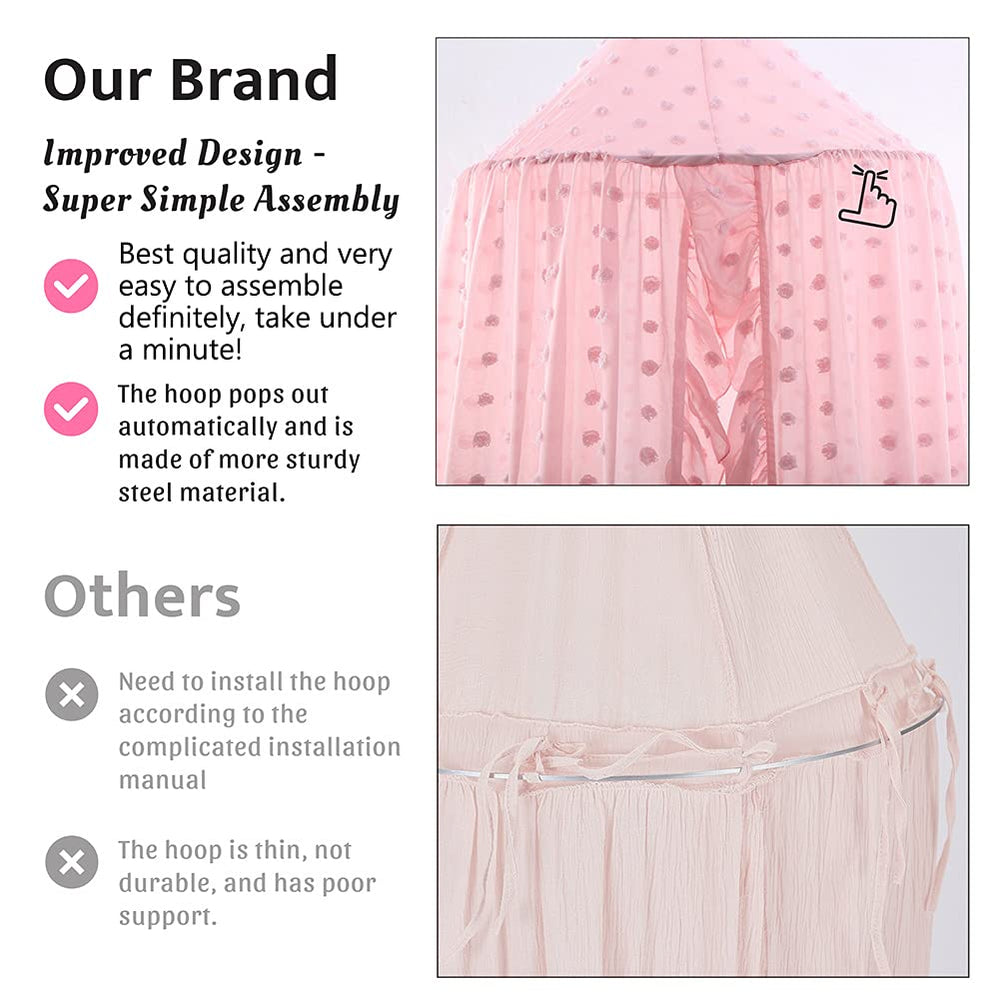 Kishome pink crib canopy with pom-poms adds whimsy and light-filtering privacy