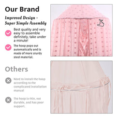 Kishome pink crib canopy with pom-poms adds whimsy and light-filtering privacy