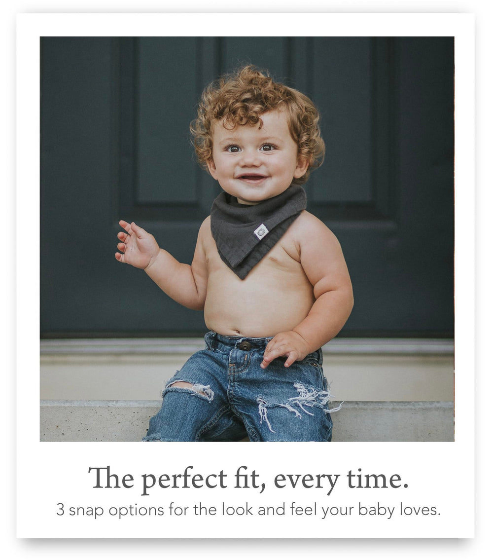 Kishu Baby Indi bandana bib trailhead reversible setup shows 4-way options.