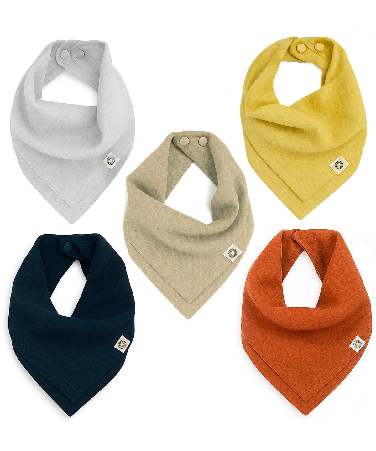 Kishu Baby Indi Sunrise Set bibs show 5-pack versatility for daily styling and drool management.