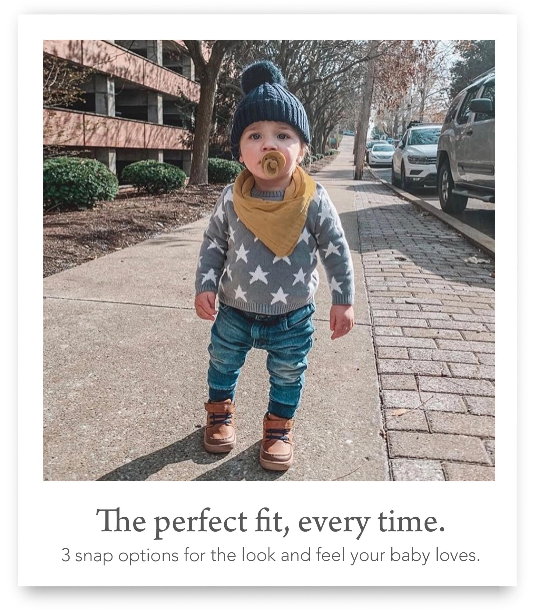 Kishu Baby Indi Terra Set worn as scarf-like bib during meals and cuddles.