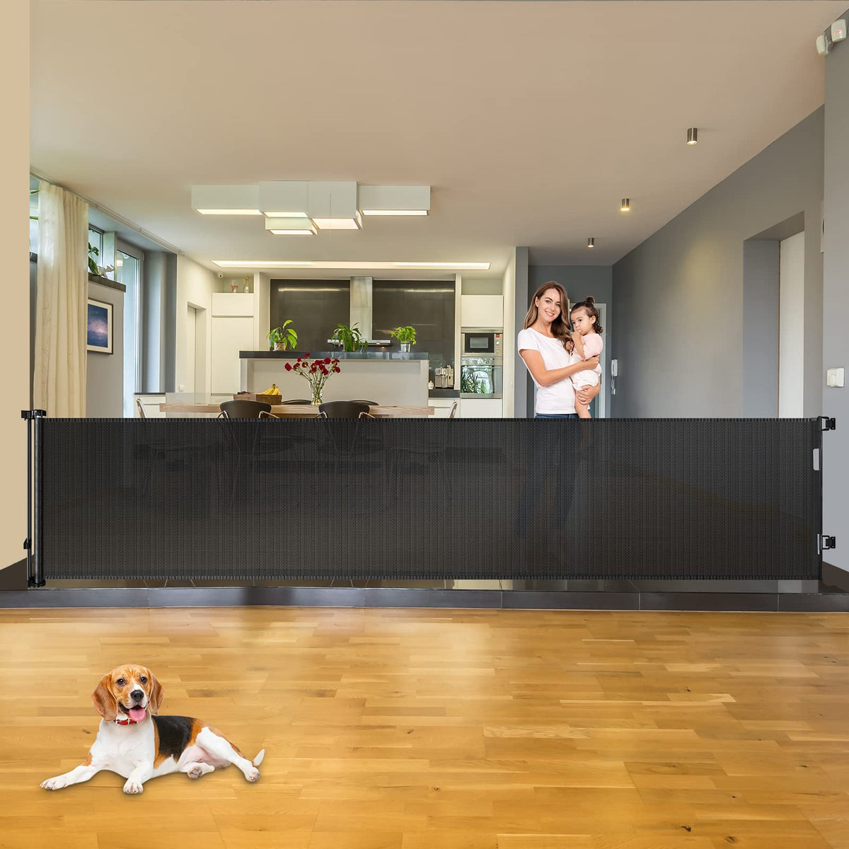 KISKIZ 110-inch gate extended for wide openings showing easy installation and fit