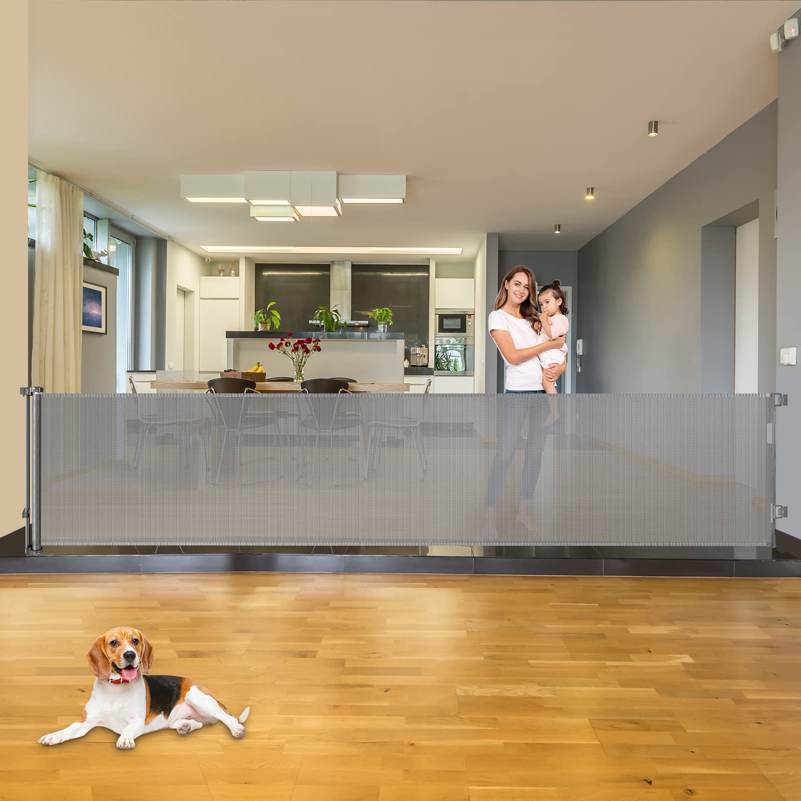 KISKIZ 110-inch retractable gate fully extended for wide openings.