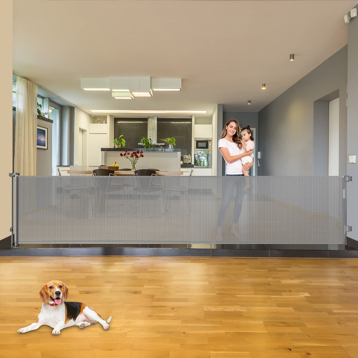 KISKIZ 110-inch retractable gate fully extended for wide openings.