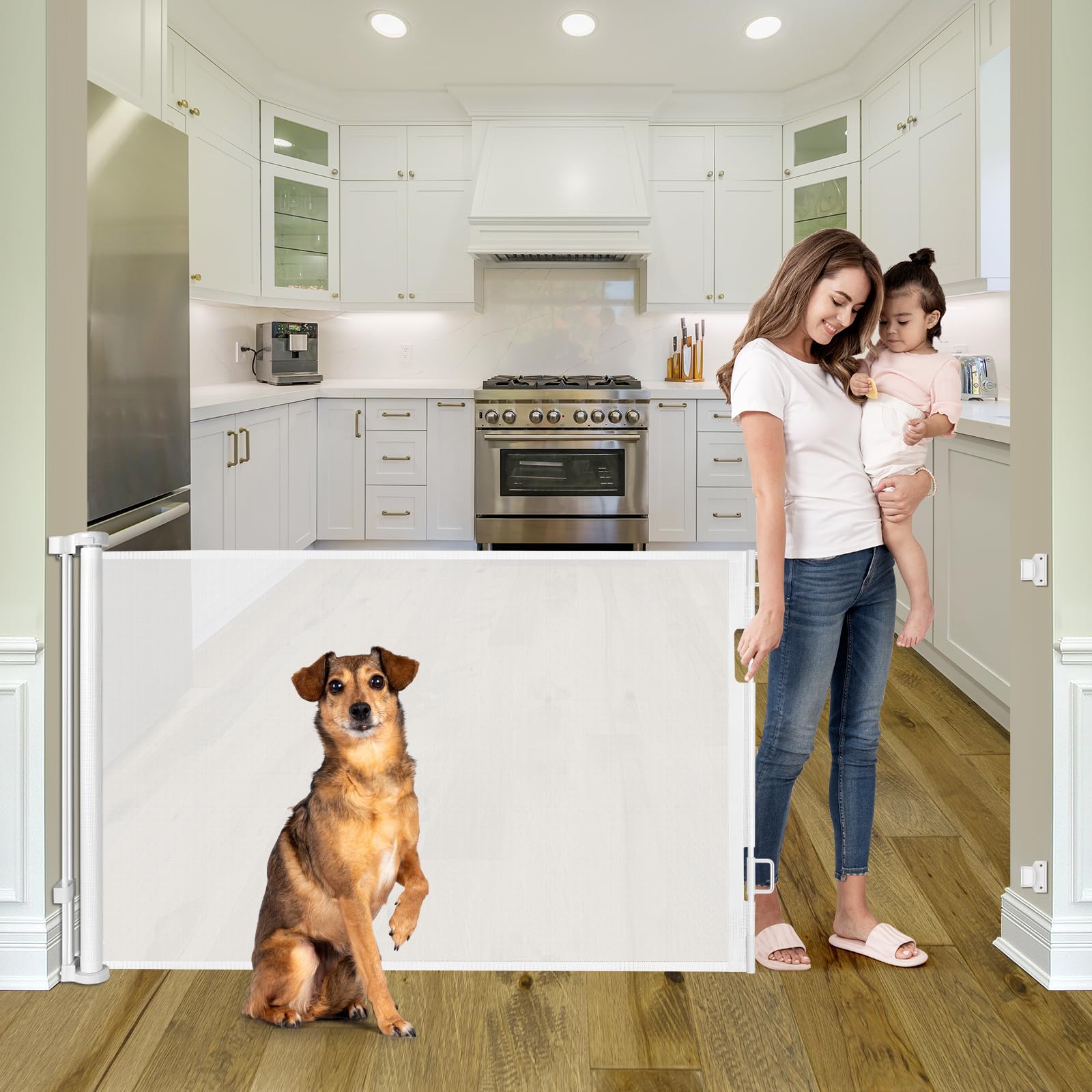 KISKIZ 55-inch retractable gate extended in doorway for room separation with wide reach.
