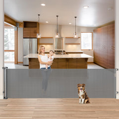 KISKIZ 85-inch retractable gate retracted in doorway enabling easy access.