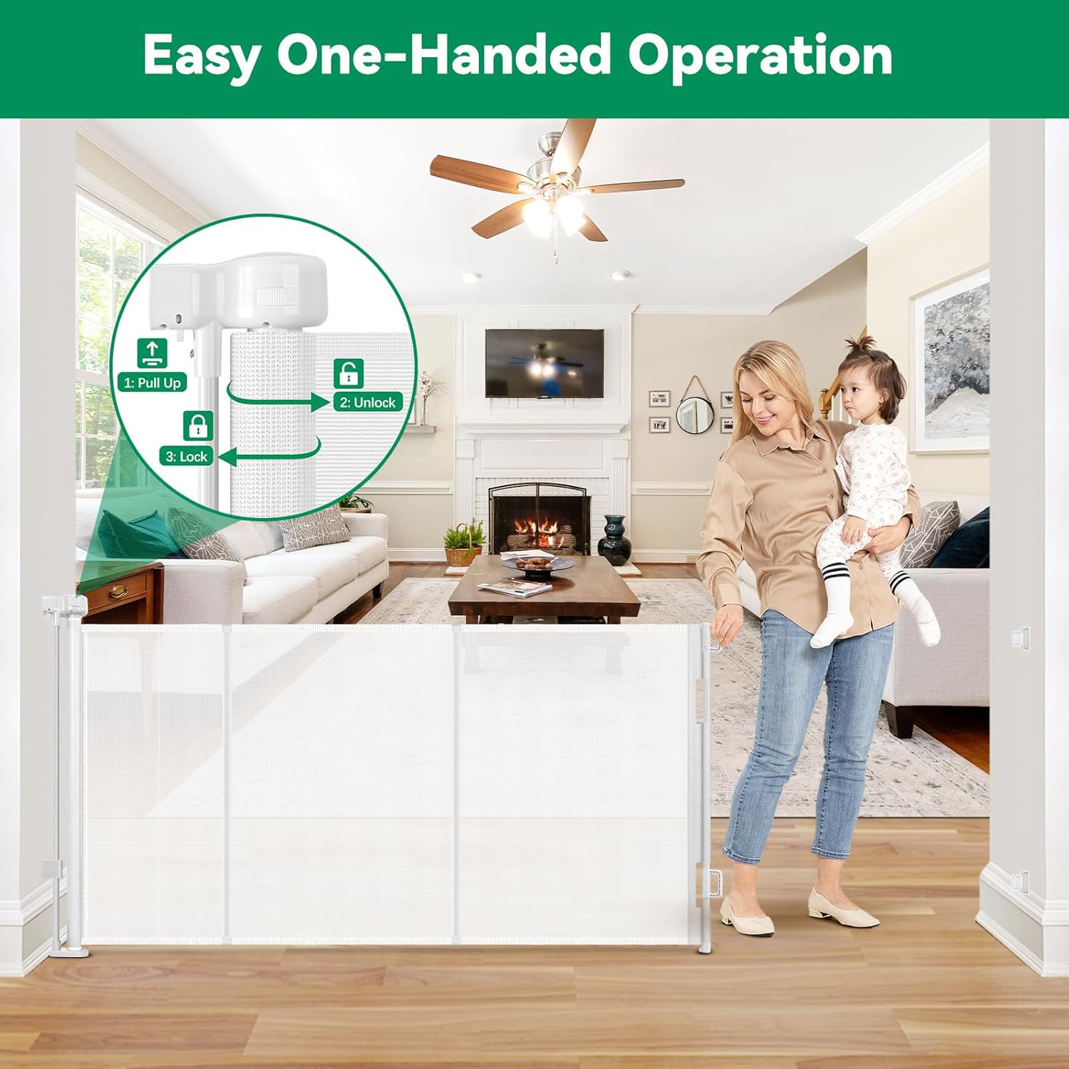 KISKIZ indoor-outdoor gate scene illustrates versatile safety for stairs, decks, and porches.