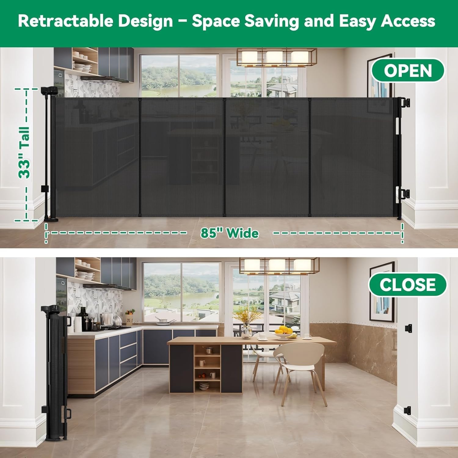 KISKIZ indoor-outdoor retractable gate helps create safe zones at stairs and patios.