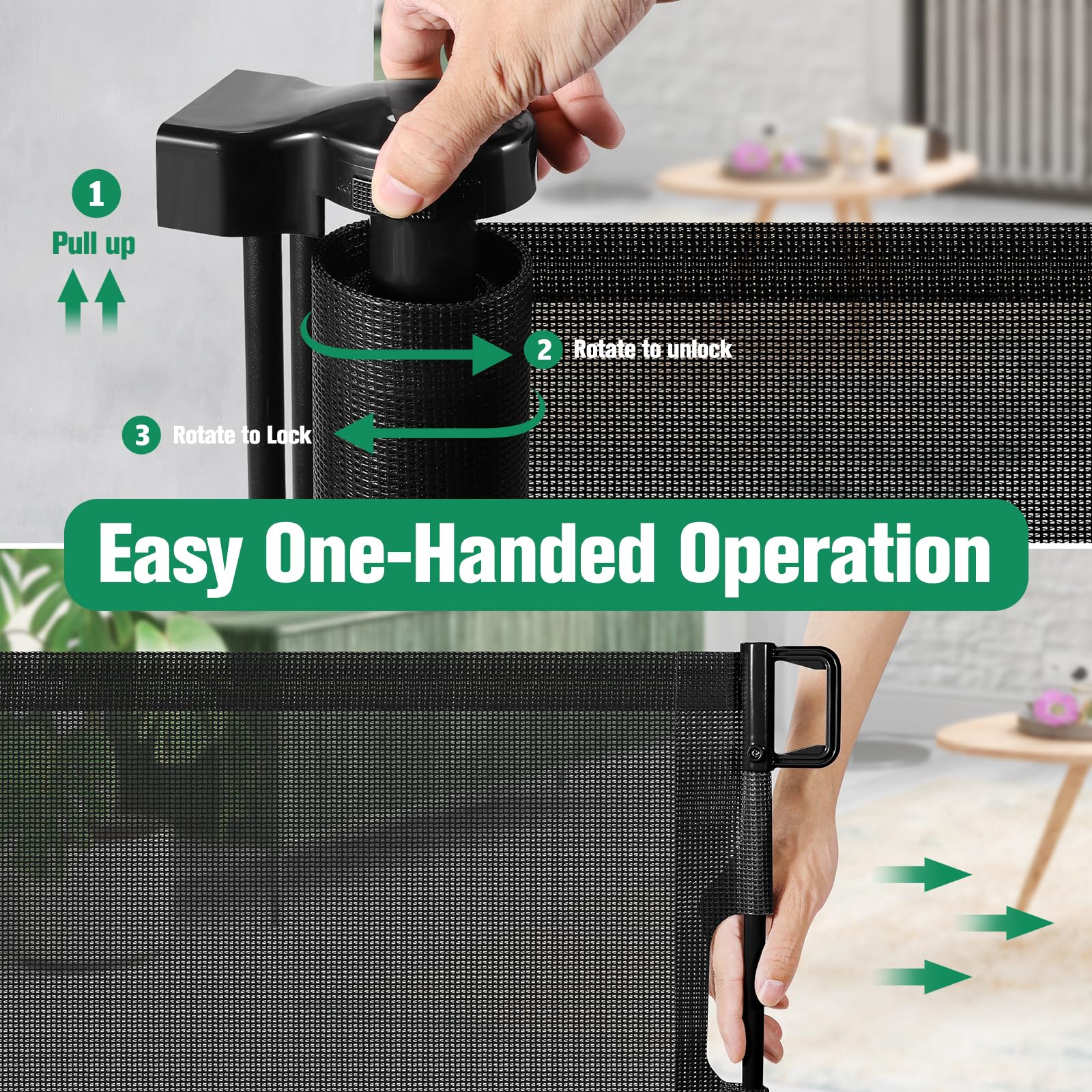 KISKIZ mesh baby gate highlights soft-touch mesh for kids and pets.