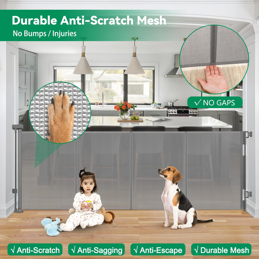 KISKIZ reinforced gate uses anti-scratch mesh to protect kids and pets.