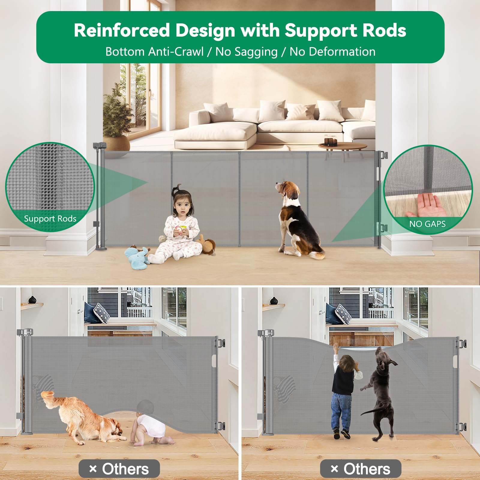 KISKIZ reinforced 85-wide gate locked with one-hand operation for easy single-handed use.