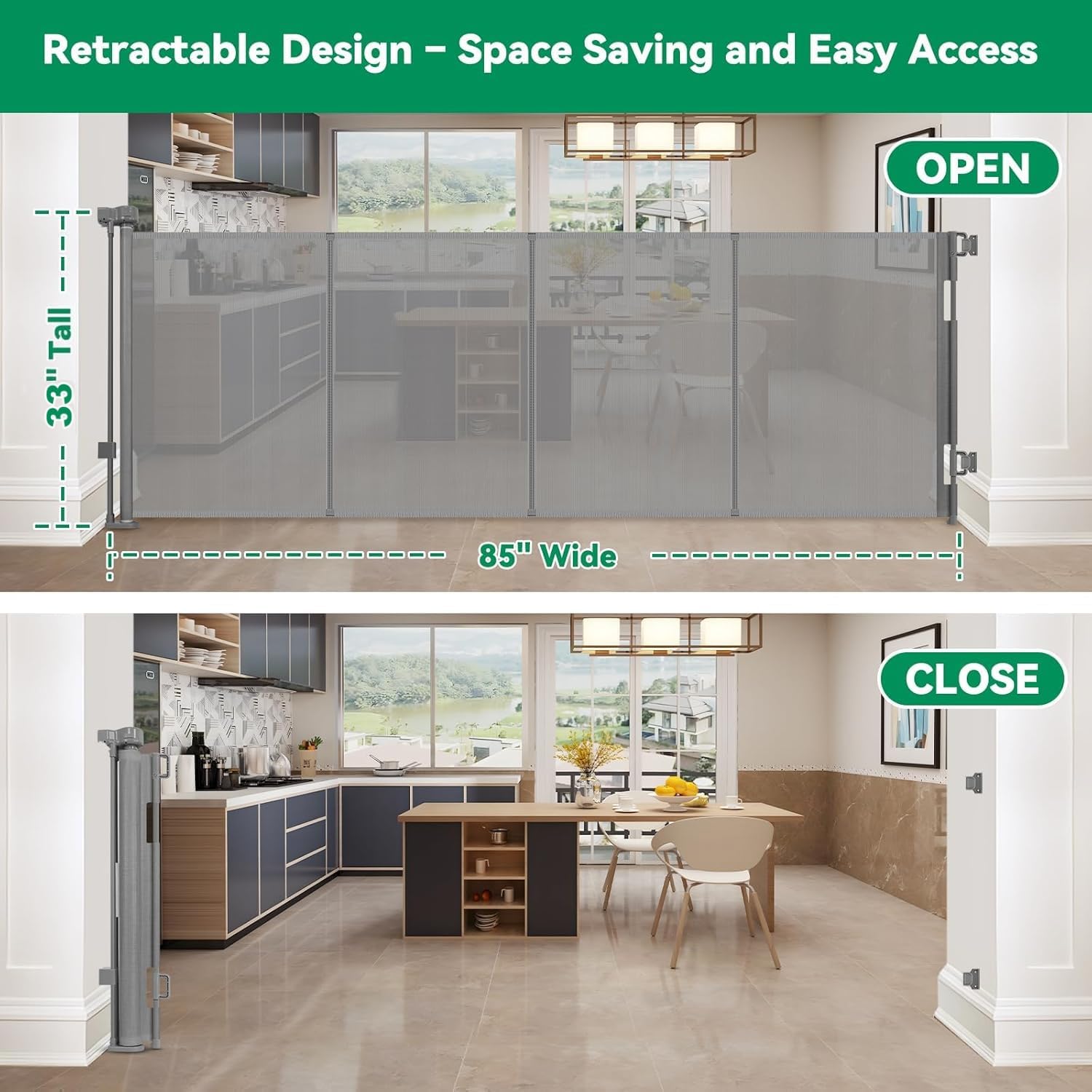 KISKIZ reinforced 85-wide gate suitable for indoor and outdoor use for flexible protection.