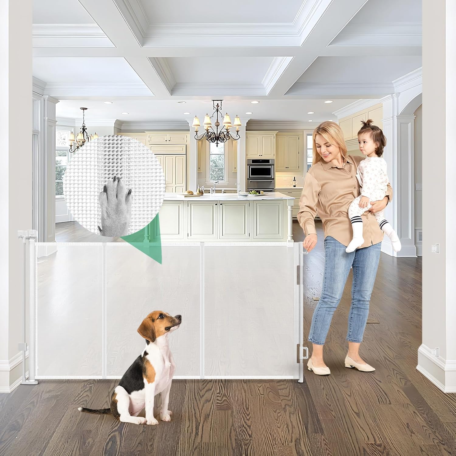 KISKIZ reinforced gate 85in extended demonstrates wide-space safety for pets and kids.