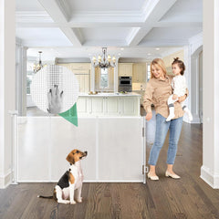 KISKIZ reinforced gate 85in extended demonstrates wide-space safety for pets and kids.