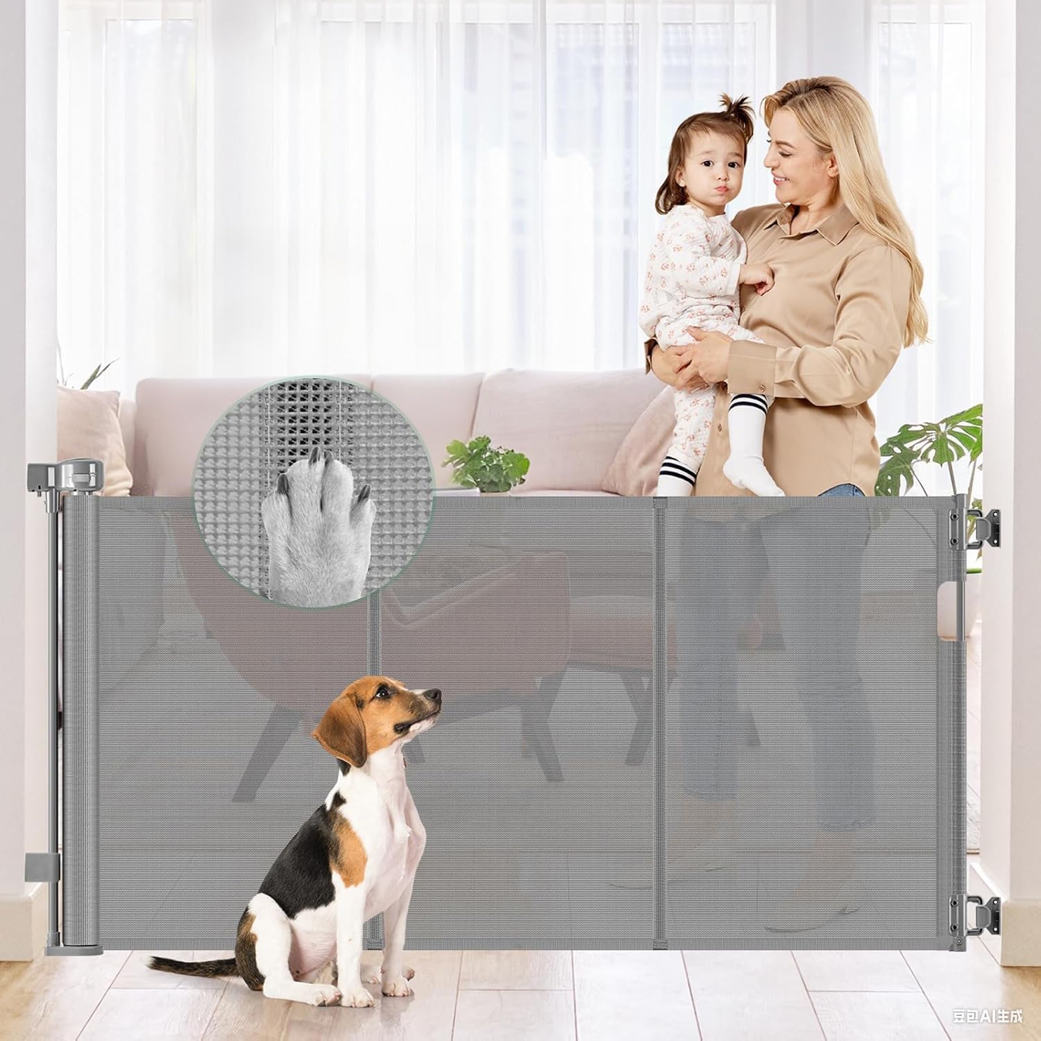 KISKIZ reinforced retractable gate, 30-inch height, providing sturdy stair barrier and family safety.