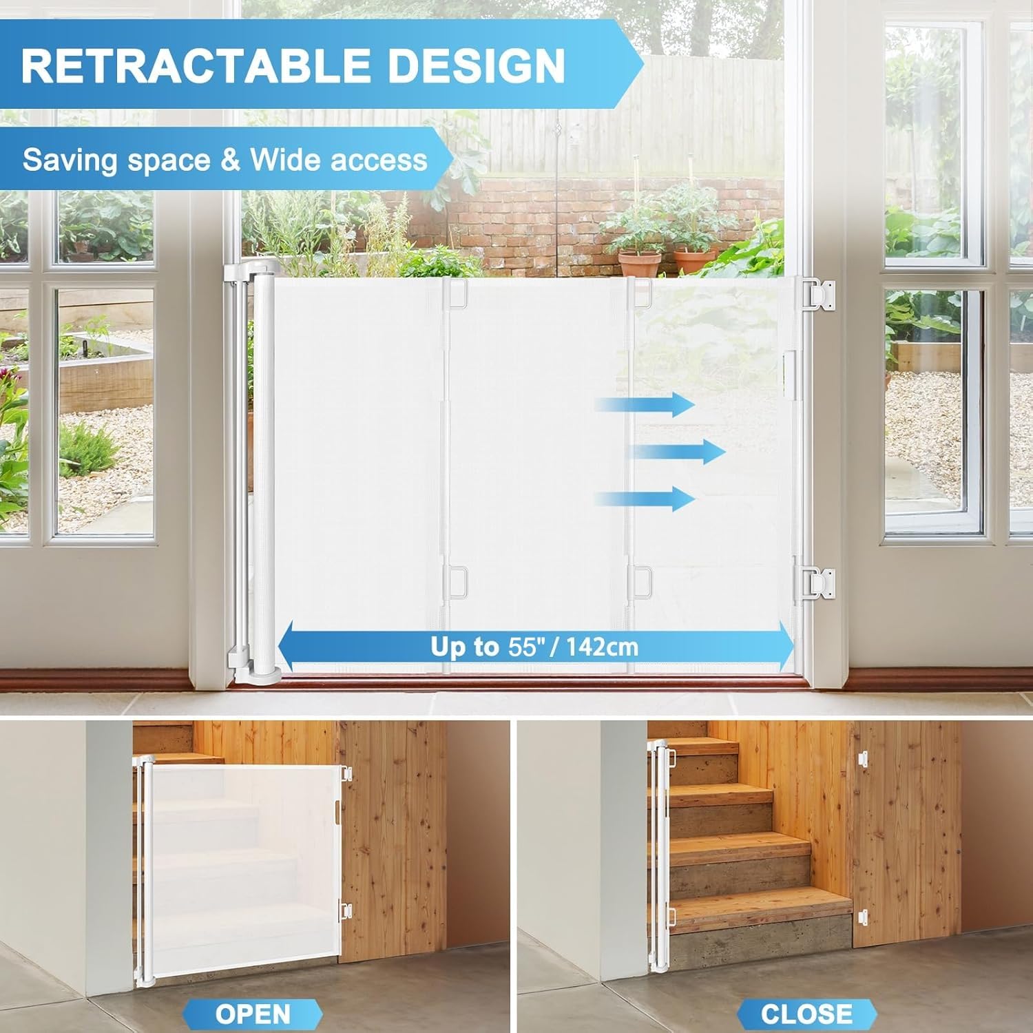 KISKIZ retractable baby gate soft mesh close-up reduces impact risk during play.