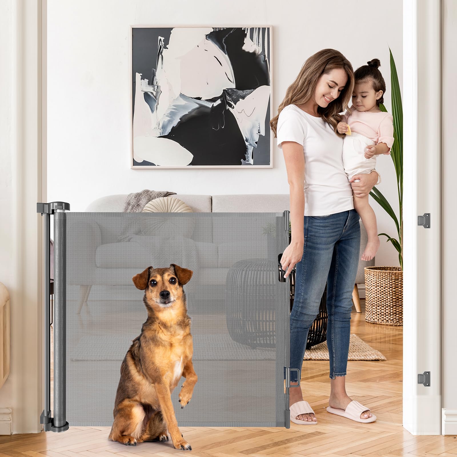 KISKIZ retractable gate 55wide doorway provides versatile safety for kids and pets