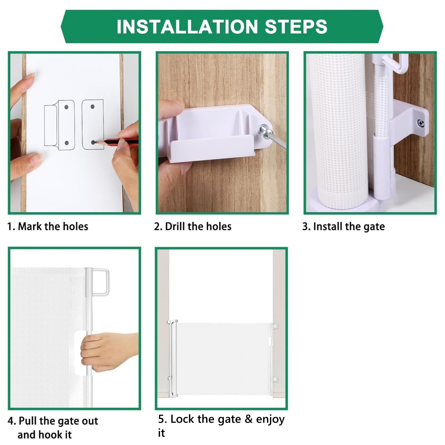 KISKIZ retractable-gate-floor-area-use demonstrates versatile indoor/outdoor placement near stairs and porches