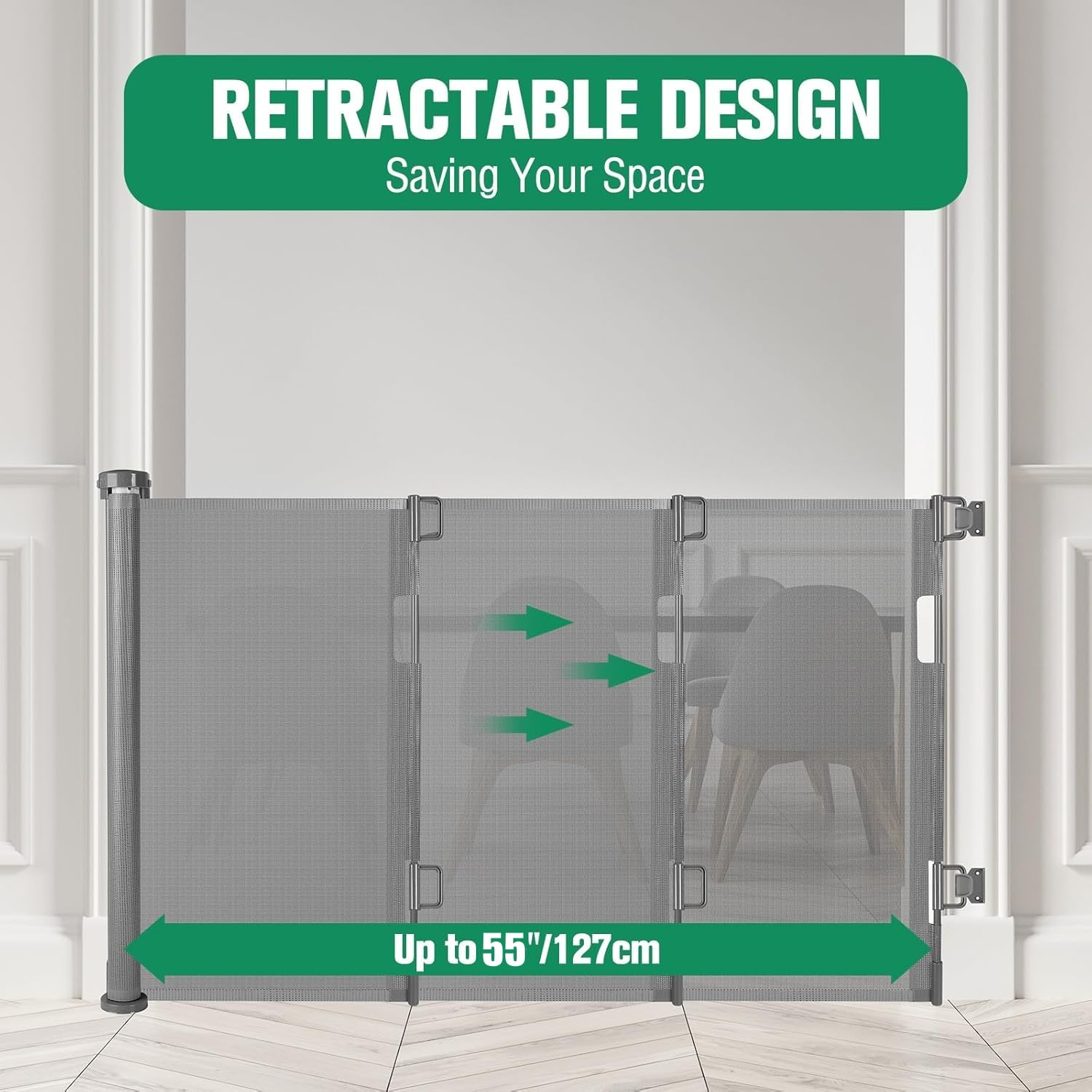 KISKIZ retractable gate neatly retracted for compact storage in stair or hallway