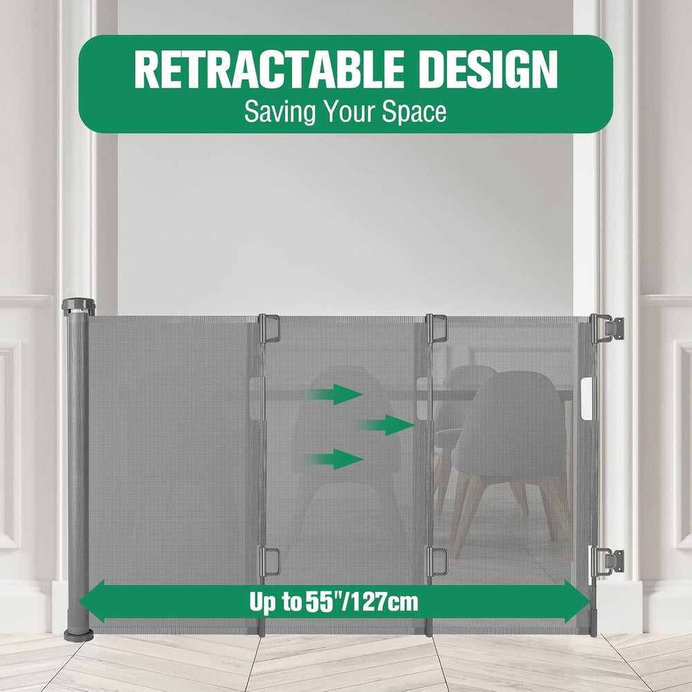 KISKIZ retractable gate neatly retracted for compact storage in stair or hallway