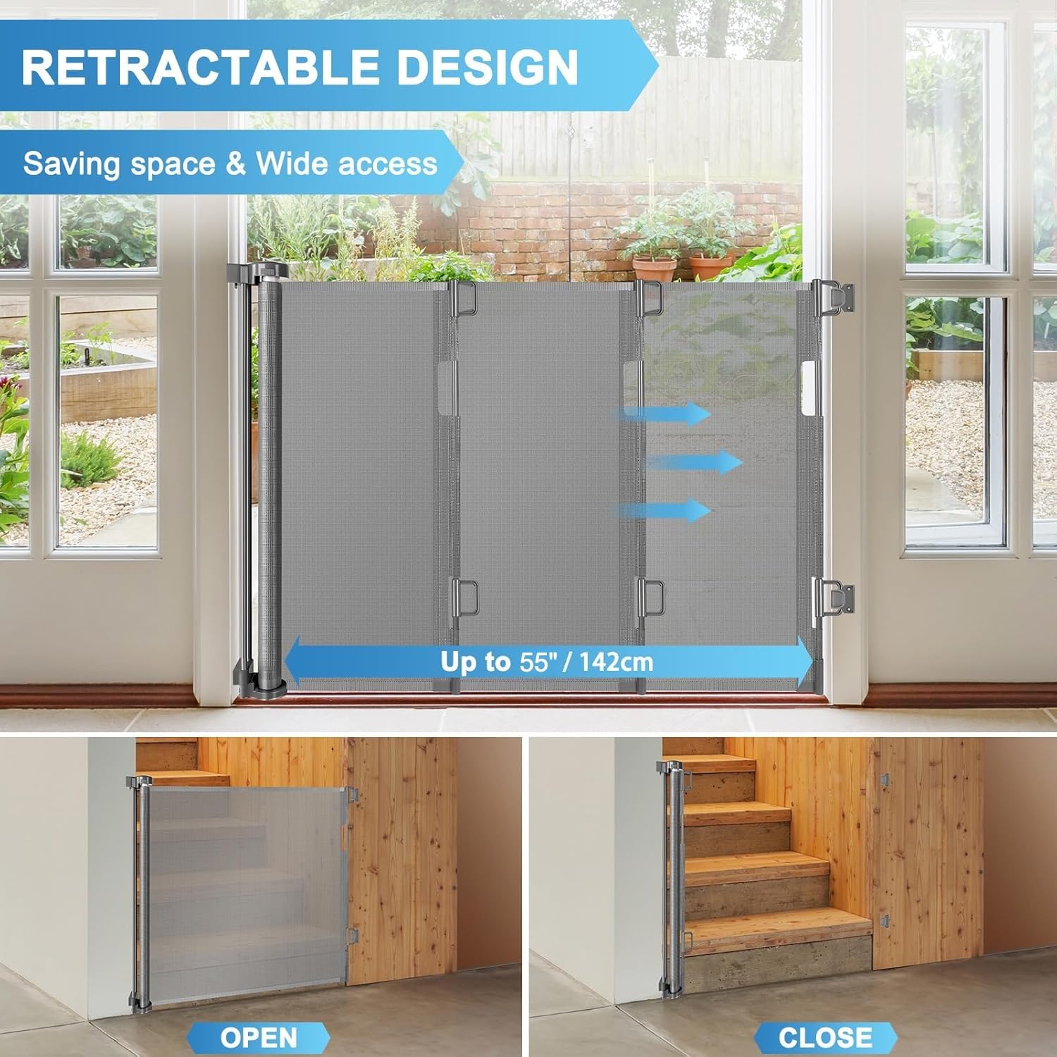 KISKIZ retractable gate shown across stairs or doorway for flexible setup.