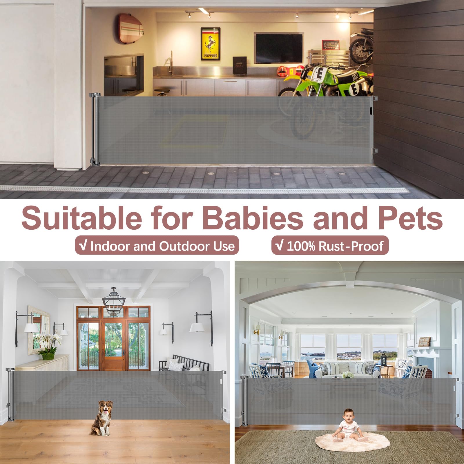 KISKIZ soft-mesh baby gate in use over stairs showing durable, pet-friendly design.