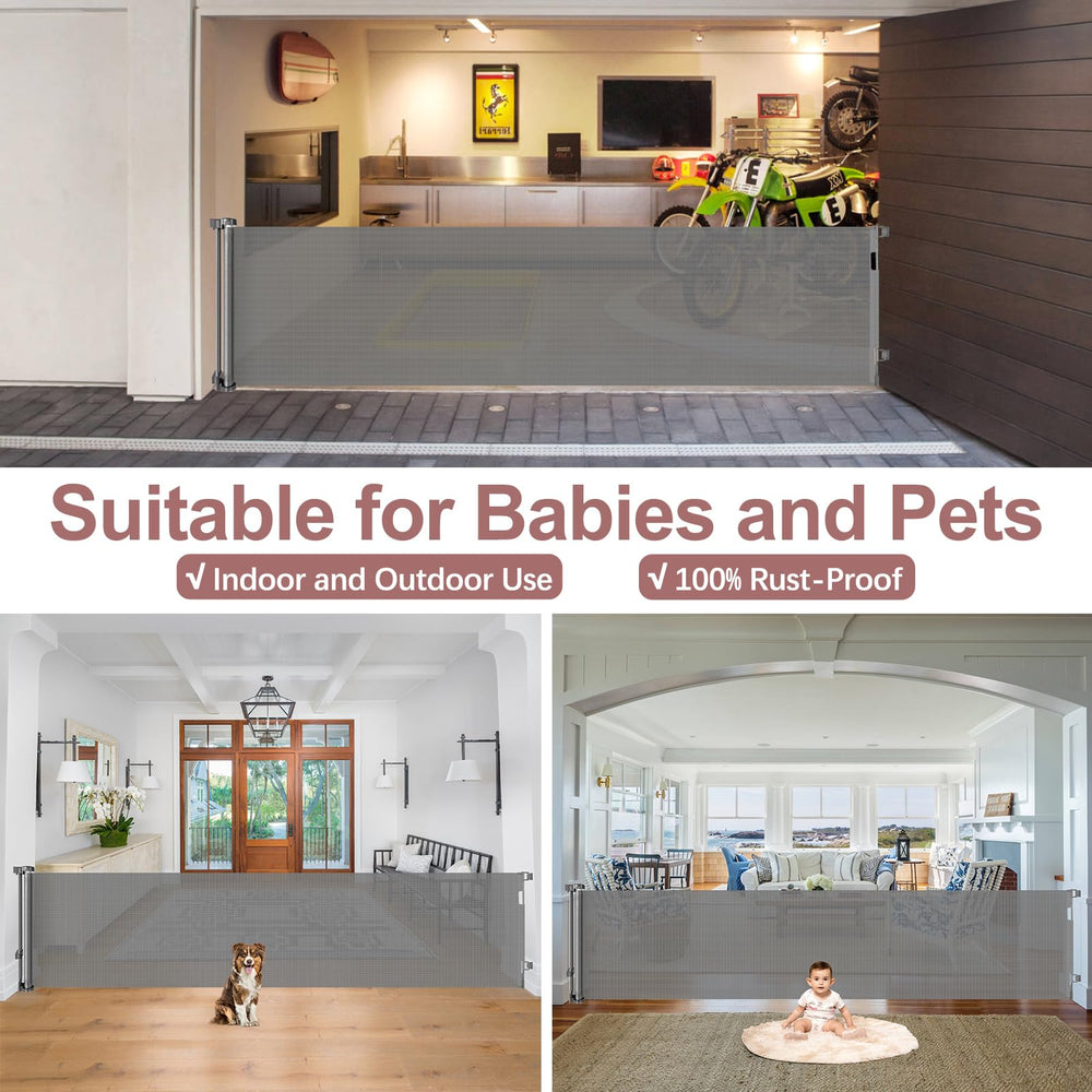 KISKIZ soft-mesh baby gate in use over stairs showing durable, pet-friendly design.