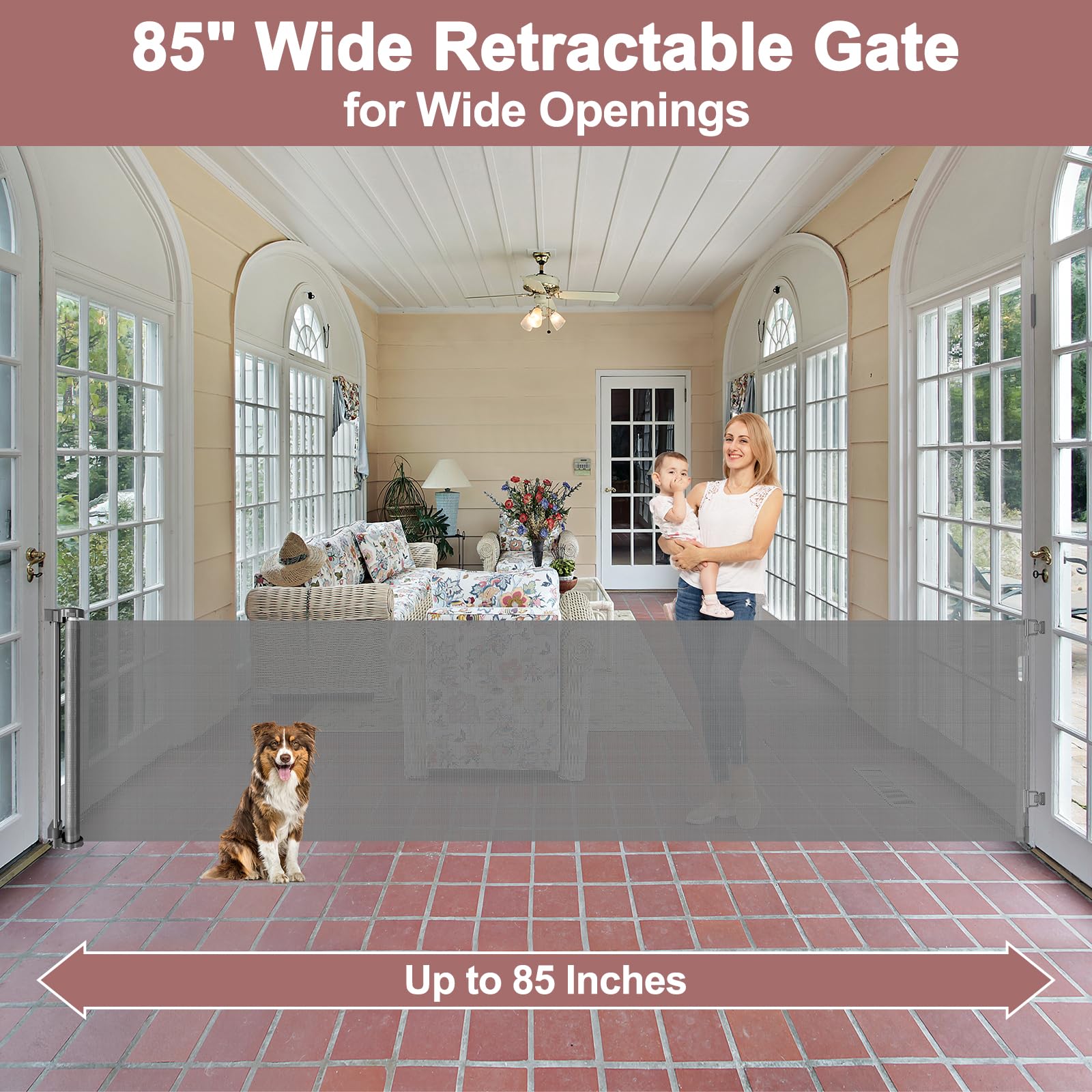KISKIZ retractable gate across a wide opening with sturdy mesh for safety.