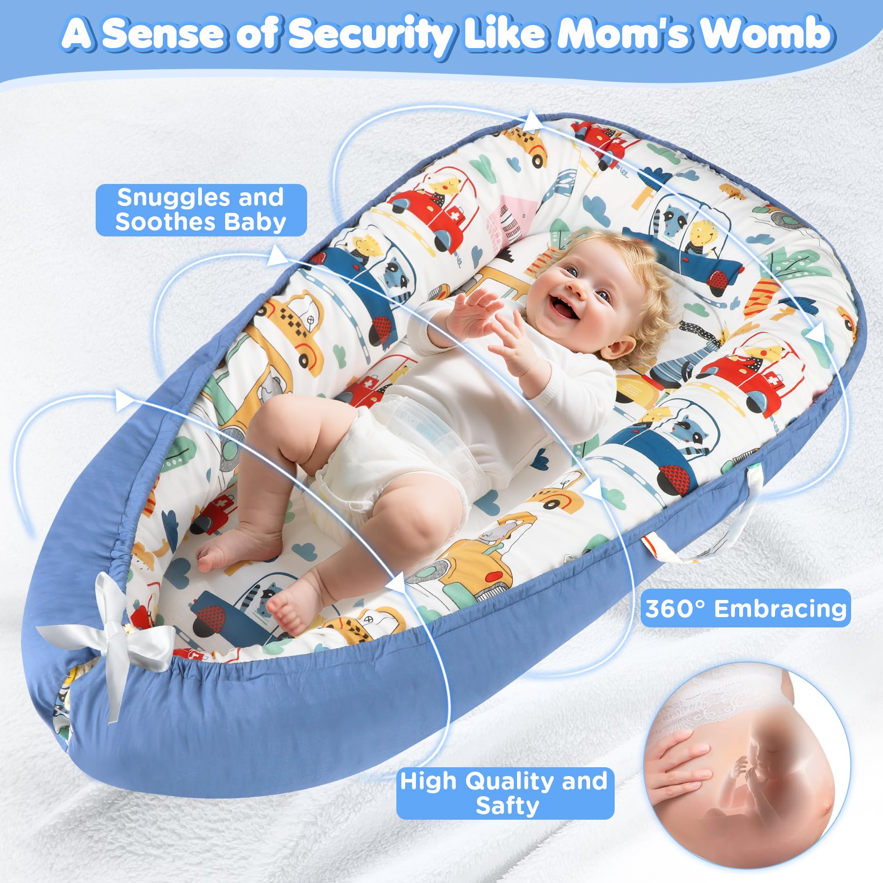 KISS GOLD baby lounger with 360 wrap bumper provides secure, comforting support for curious infants.