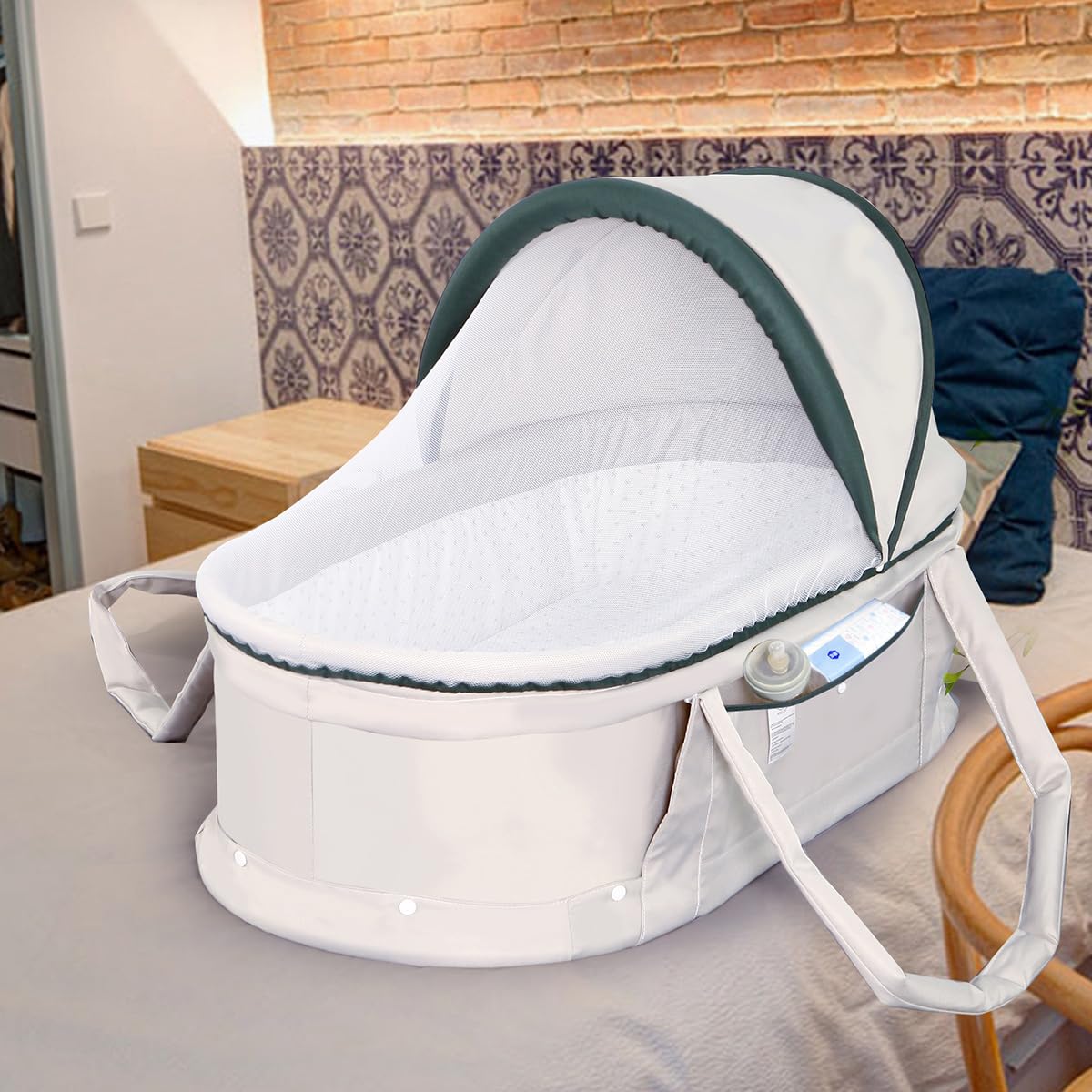 Kiss My Heart travel bassinet folded-compact demonstrates easy carry on the go