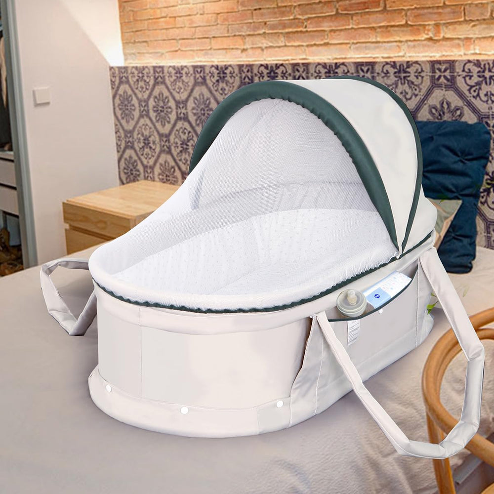 Kiss My Heart travel bassinet folded-compact demonstrates easy carry on the go
