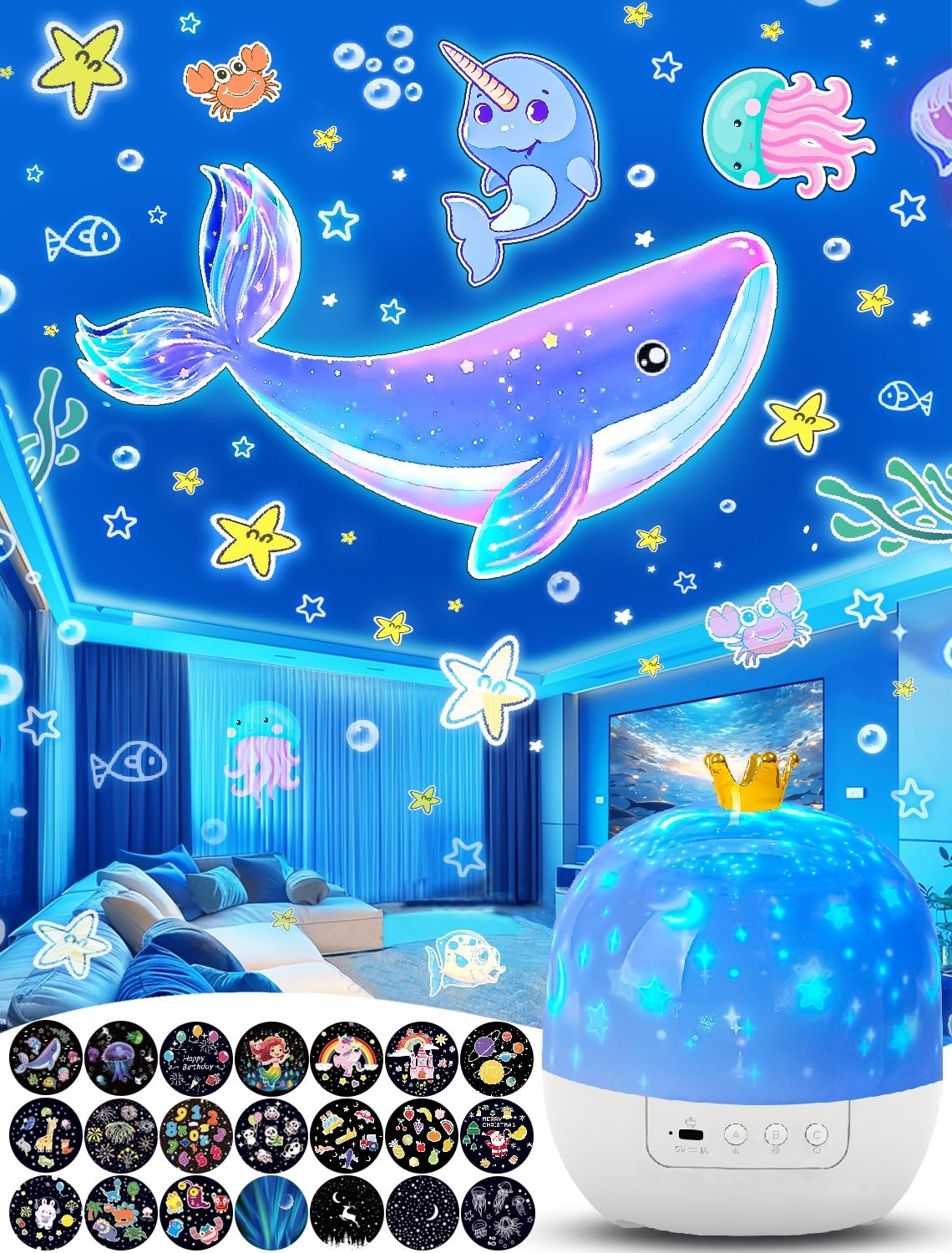 KISTRA Star Projector crown design enhances bedtime ambiance with a regal ceiling display.