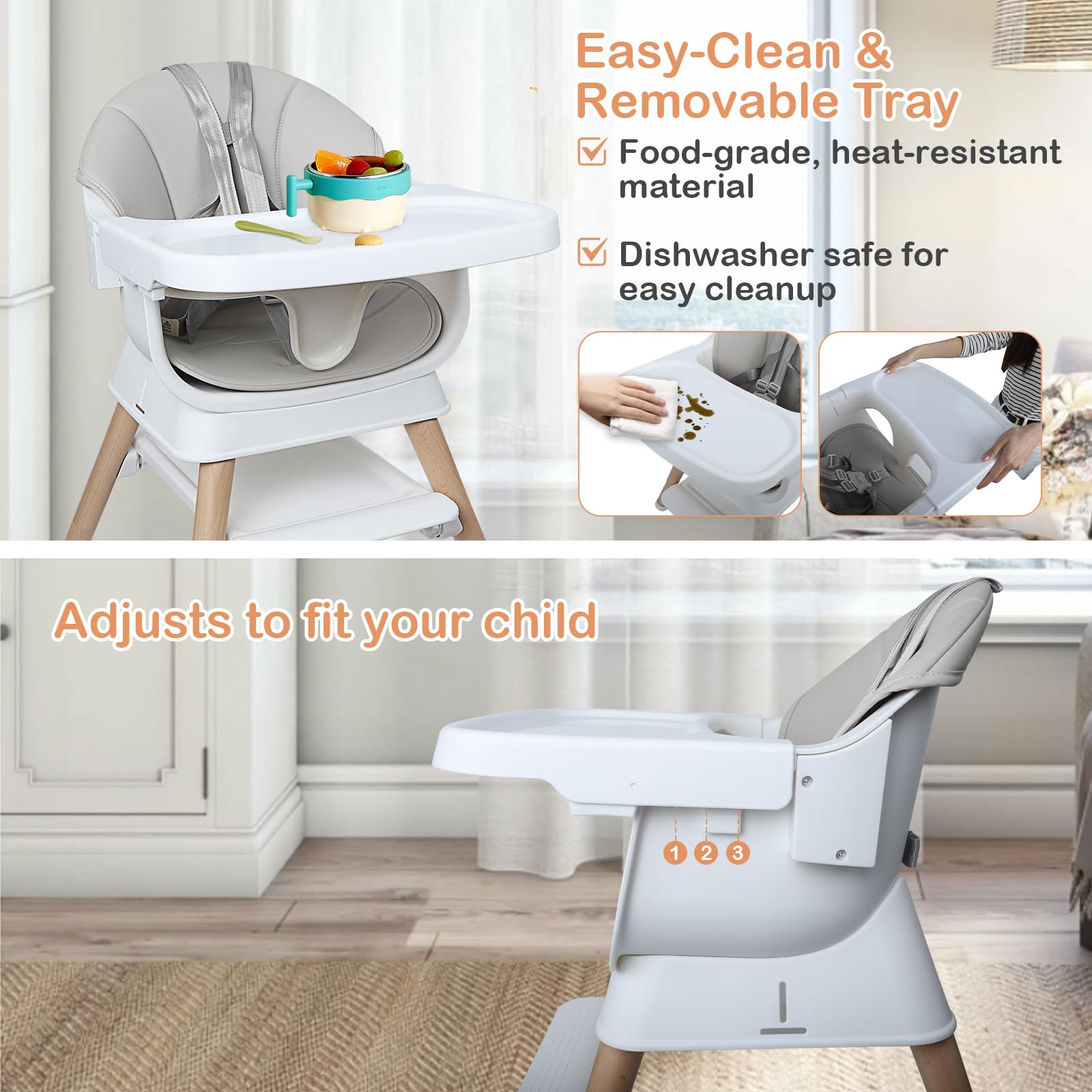 Kisuplus 5-point harness system keeps little diners secure during meals and play.
